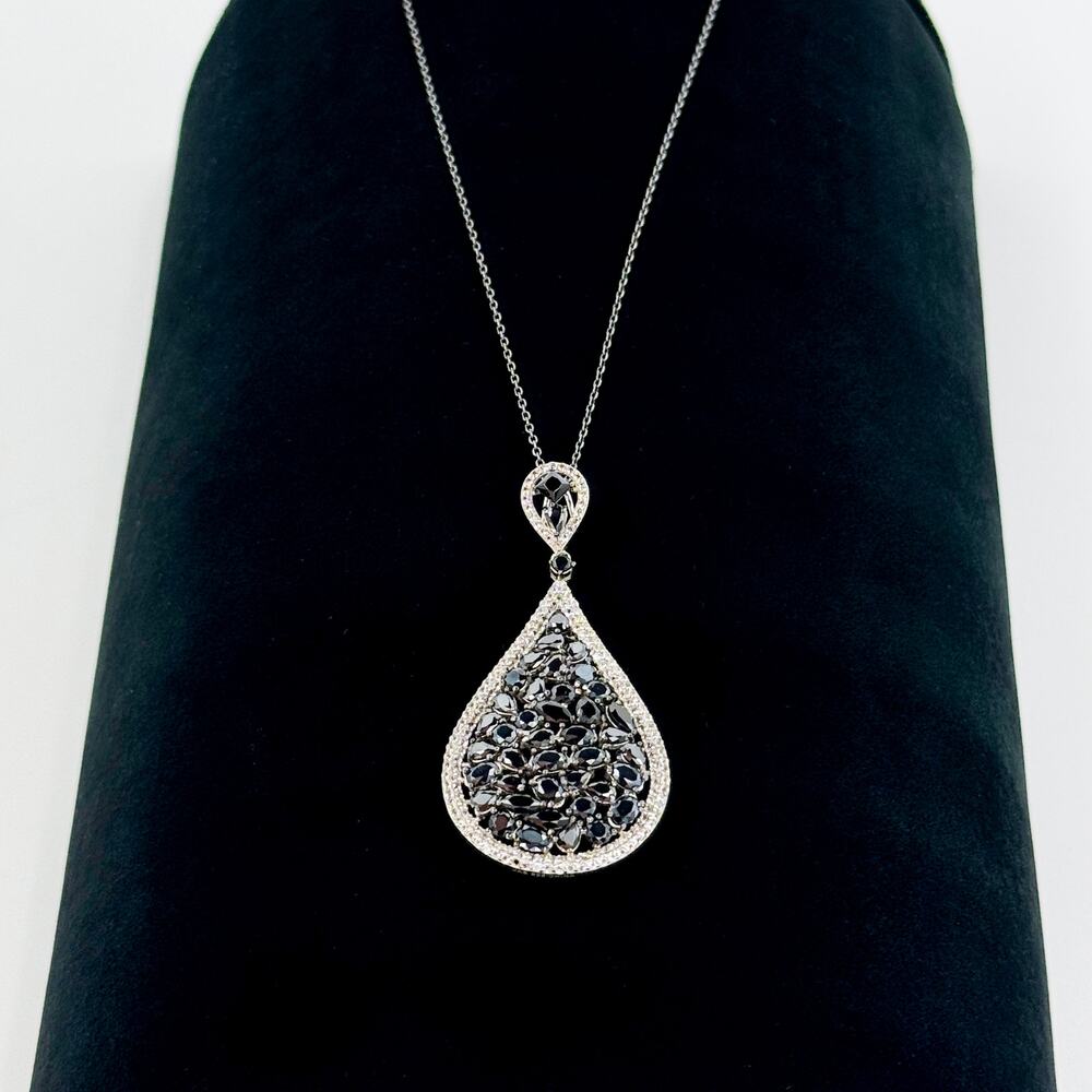Signed JAS 925 Sterling Silver Black & Clear CZ Teardrop Statement Necklace